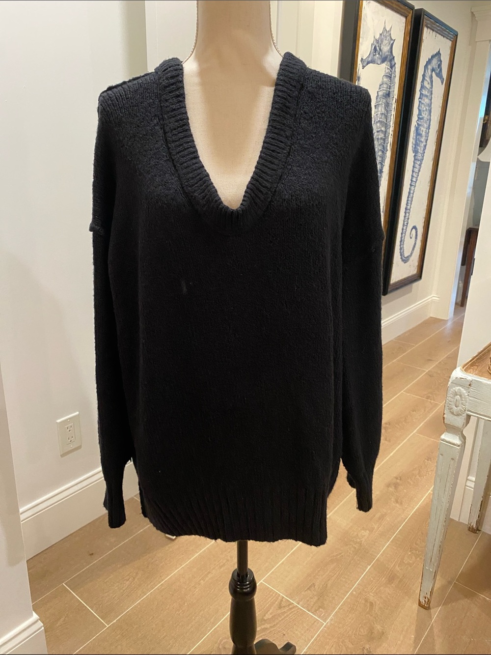 Free People Black V-Neck Oversized Knit Sweater